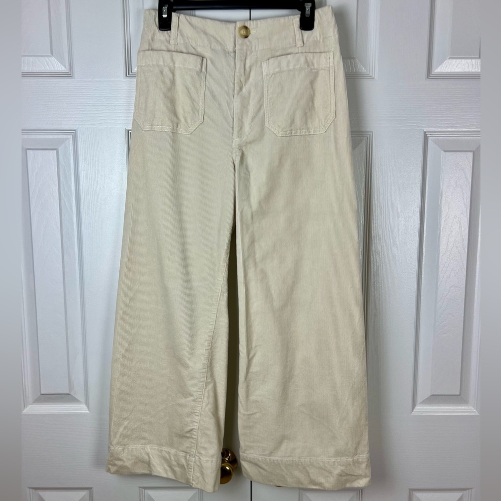 Anthropologie The Colette Cropped Wide-Leg Corduroy Ivory Pants by Maeve Size 30